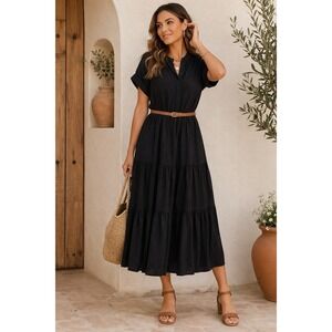 Böhme Black Tiered Midi Dress Women Boho Prairie Cottagecore Puff Sleeve Dress